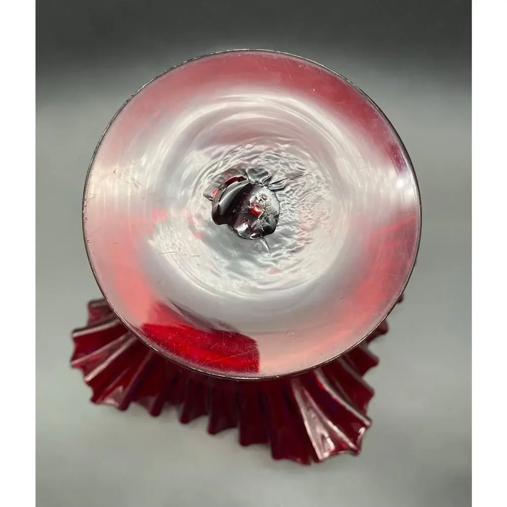 Vintage Blenko Ruby Red Crimped Edge Pedestal Vase 9
